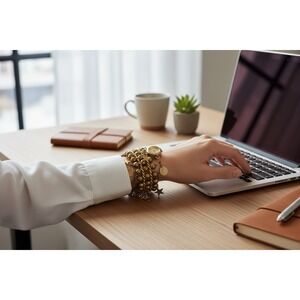 Vintage Enmex Quartz Charm Bracelet Watch – Gold Tone Stars & Coins Boho